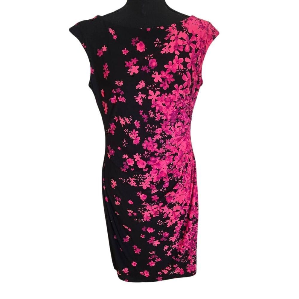 Chaps Womens Sleeveless Black With Hot Pink Floral Print Sheath Dress Medium